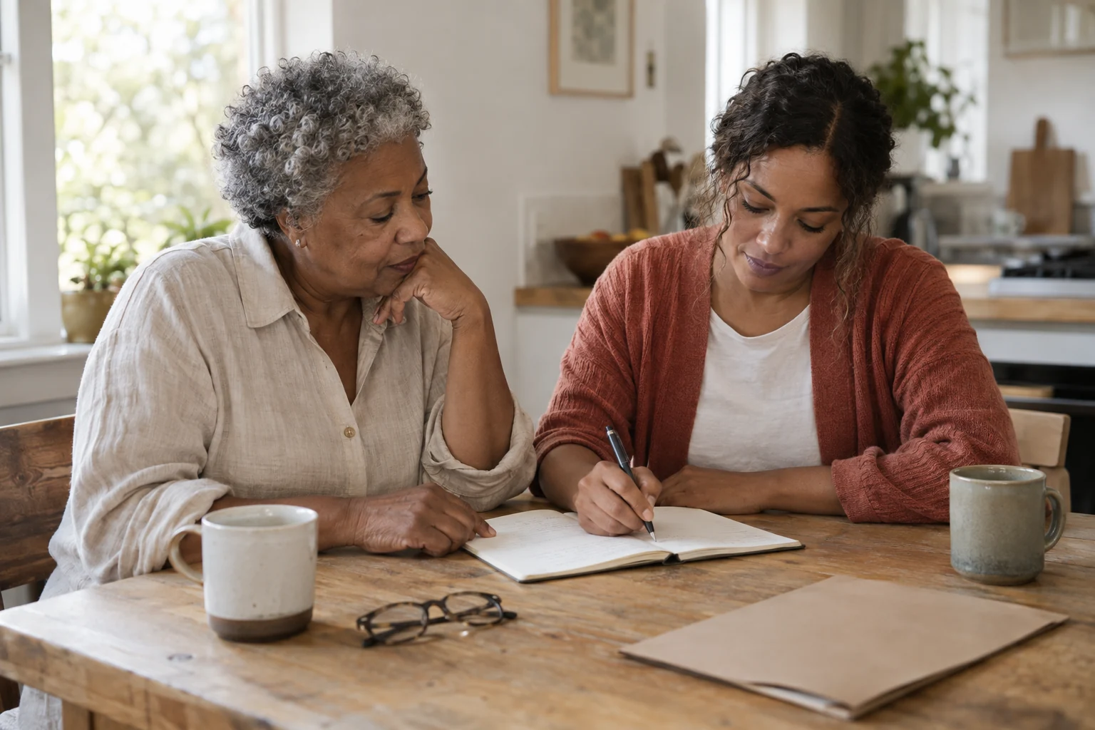 Two adults sitting together at a kitchen table, talking over a notebook.