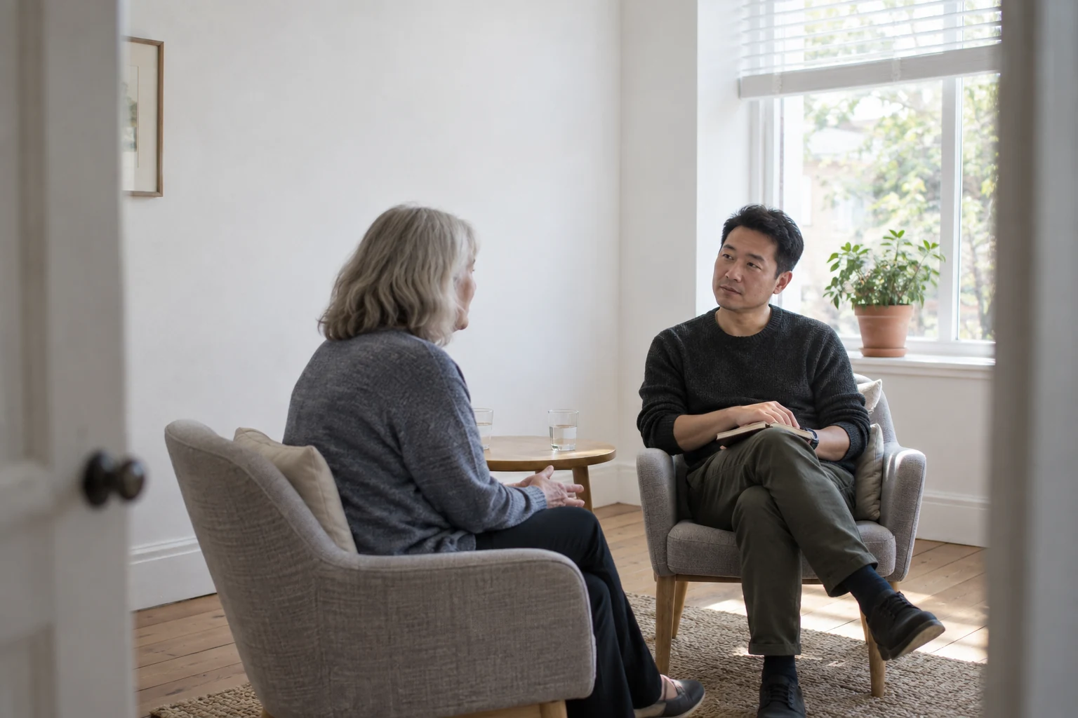 Two people having a quiet conversation around a table in a welcoming community room.